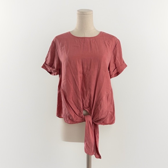 Sustainable Boxy Tencel Top S Pink Cuff Sleeve Button Back Tie Front Minimalist - Picture 2 of 12
